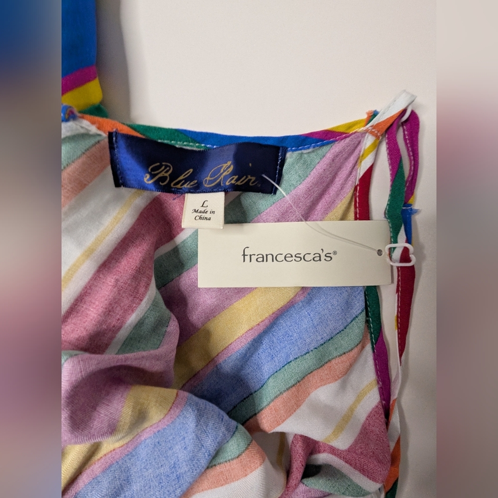 SEE DETAILS - NWT Francesca's Blue Rain Large Rainbow Dress w/ Belted Waist Tie - Picture 4 of 16